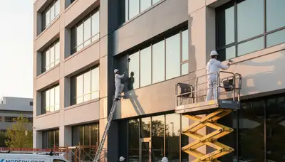 Professional commercial painters working on a business exterior in Lancaster, PA