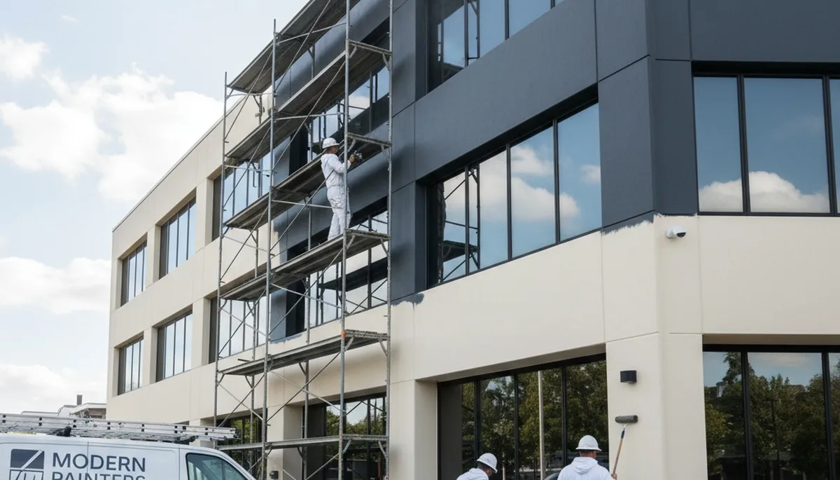 Professional commercial painters working on an office exterior in Lancaster, PA