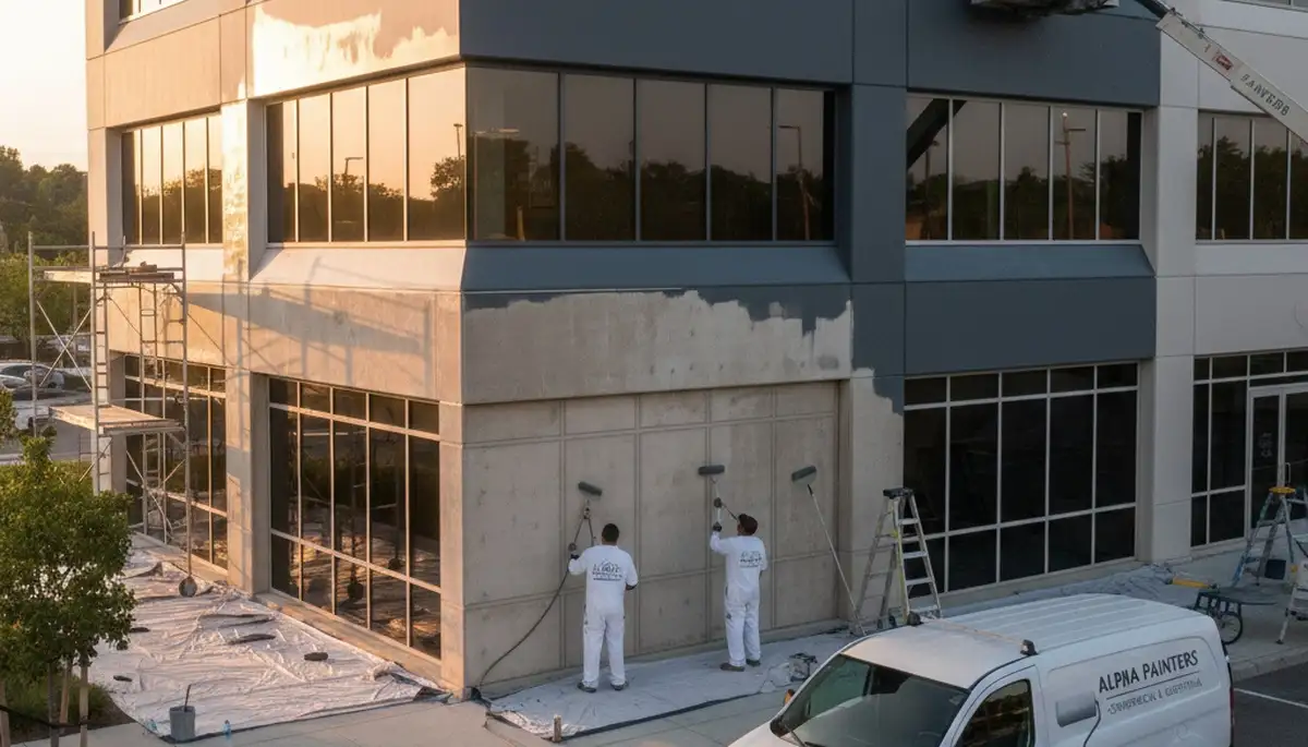 Professional commercial painters finishing business exterior in Lancaster, PA