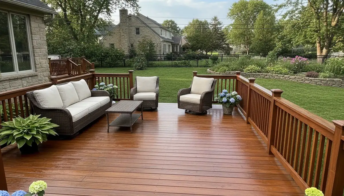 Finished deck staining in Lancaster, PA highlighting restored wood finish and weather-resistant protection