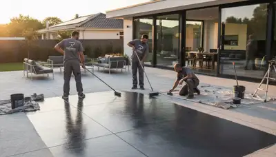 Professional concrete staining on patio floor in Lancaster, PA by expert house painters