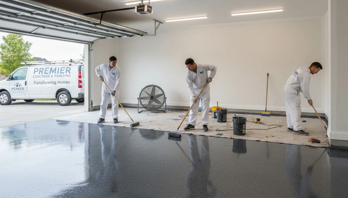Epoxy garage floor coating in Lancaster PA by professional house painters for durable, glossy finish