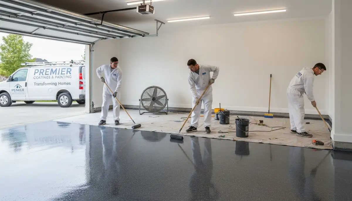 Epoxy garage floor coating in Lancaster PA by professional house painters for durable, glossy finish