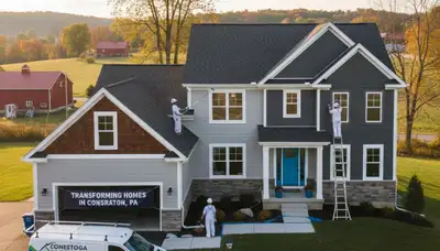 Professional house painters working on residential exterior in Lancaster, PA