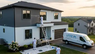 Professional house painters working on residential exterior in Lancaster, PA
