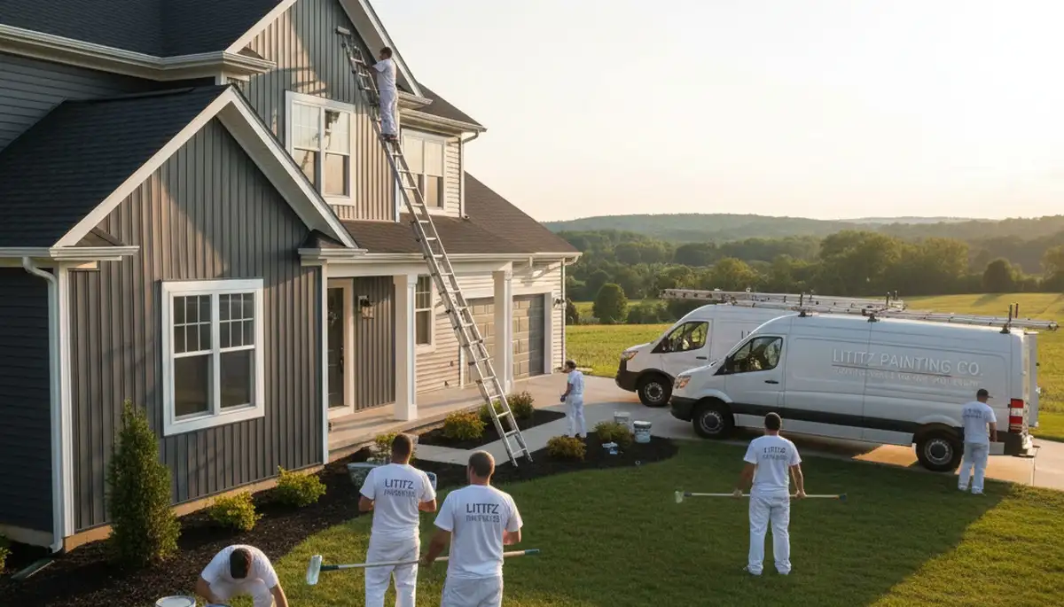Professional house painters working on exterior home in Lancaster, PA