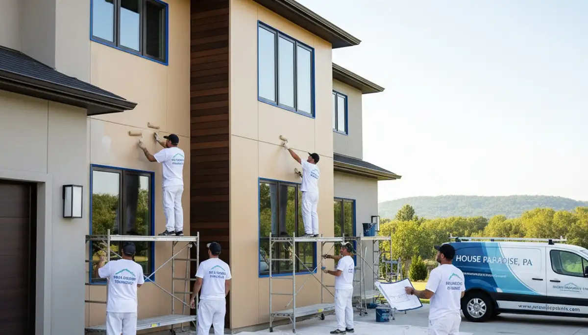 Professional house painters applying fresh exterior paint on home in Lancaster, PA