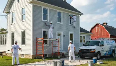 Professional house painters in Lancaster PA applying exterior paint to a home façade
