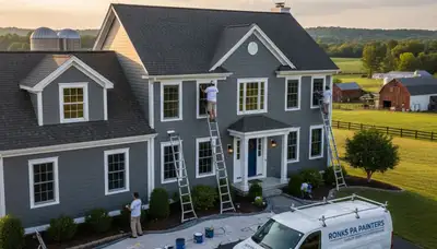 Professional house painters working on residential exterior in Lancaster, PA