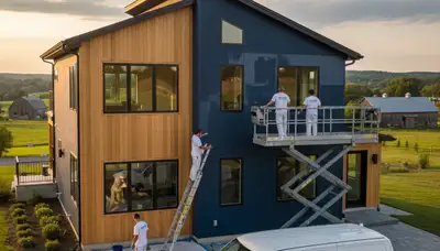 Professional house painters in Lancaster PA applying exterior paint to a residential home