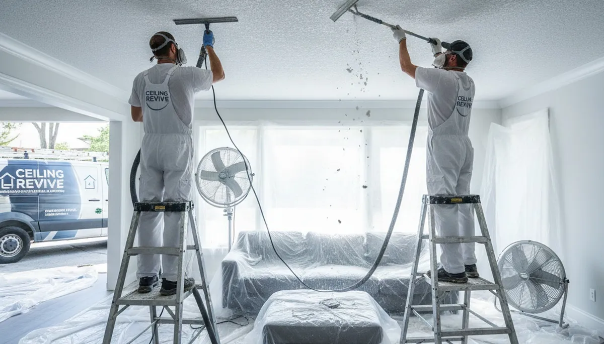 Technician removing popcorn ceiling in Lancaster, PA home during professional ceiling renovation
