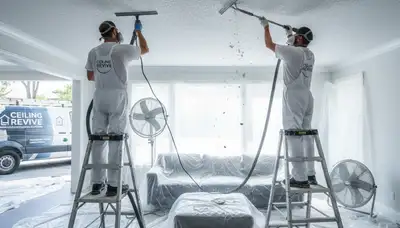 Technician removing popcorn ceiling in Lancaster, PA home during professional ceiling renovation