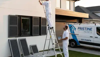 Professional painters refinishing exterior shutters in Lancaster, PA for durable weather-resistant finish