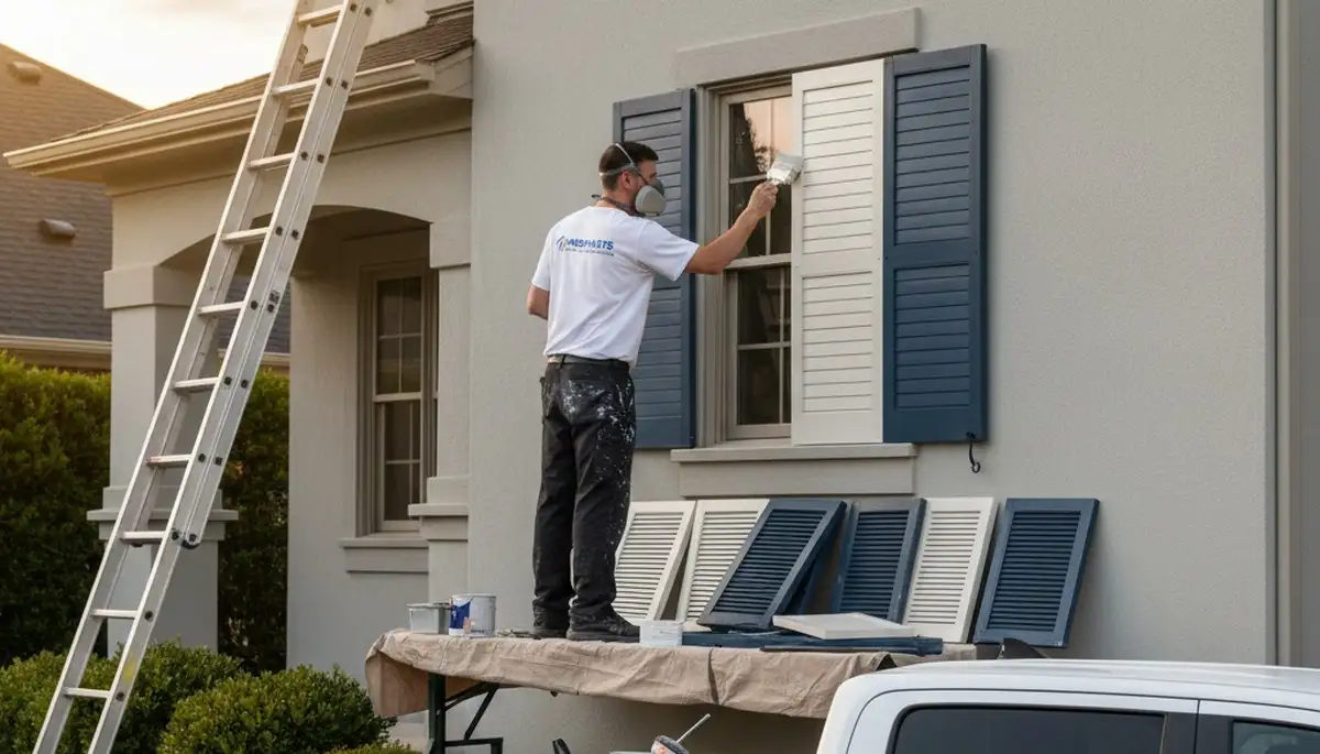 Professional painters coating exterior shutters in Lancaster, PA for durable, weather-resistant finish