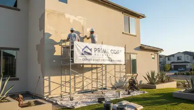 Professional stucco repair on Lancaster, PA home exterior by expert painting contractors