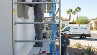 Professional stucco repair on Lancaster PA home exterior by expert house painters