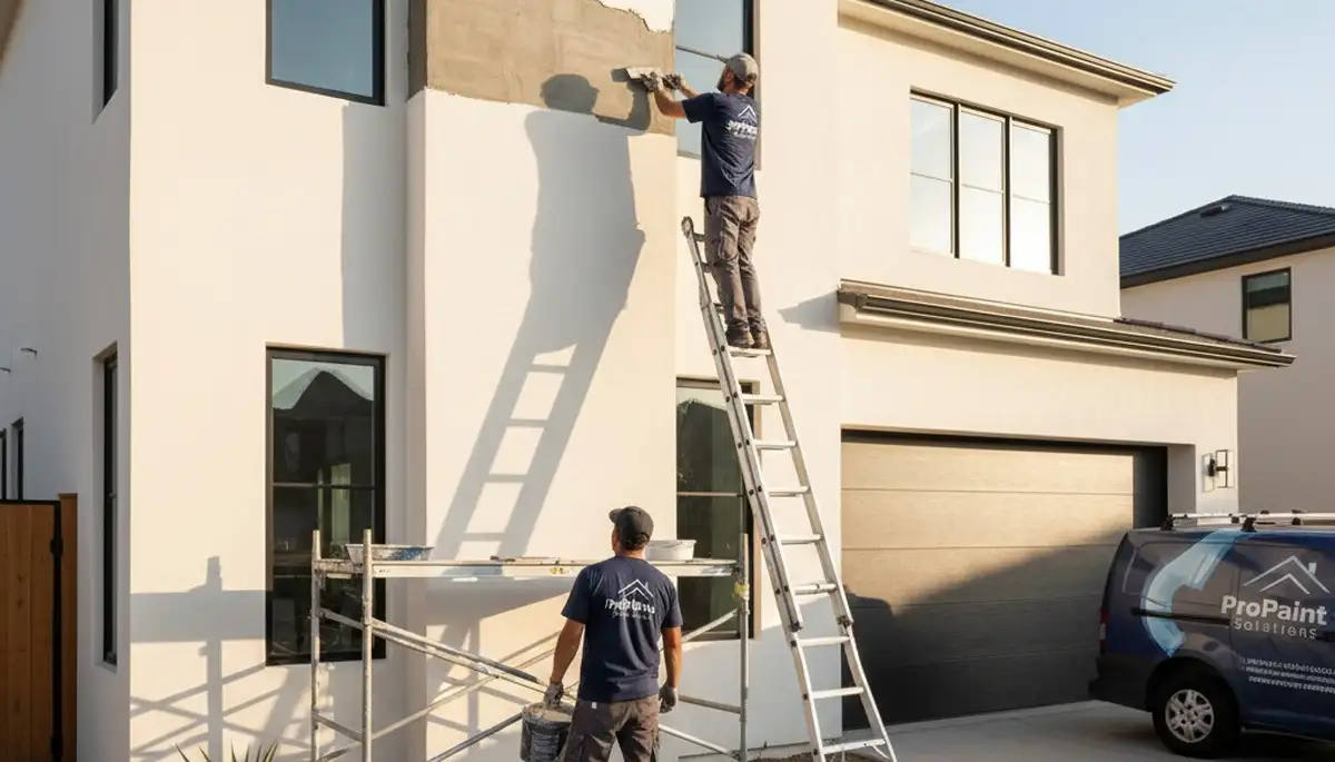 Professional stucco repair on Lancaster PA home exterior by local painting and patching experts