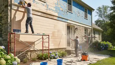 Painter performing exterior surface preparation on Lancaster PA home for new durable paint coatings