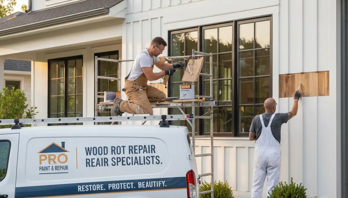 Professional wood rot repair on Lancaster PA home exterior by expert house painters